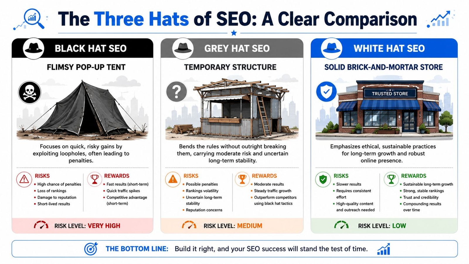 An infographic comparing black, grey, and white hat SEO strategies using tent, structure, and store metaphors.