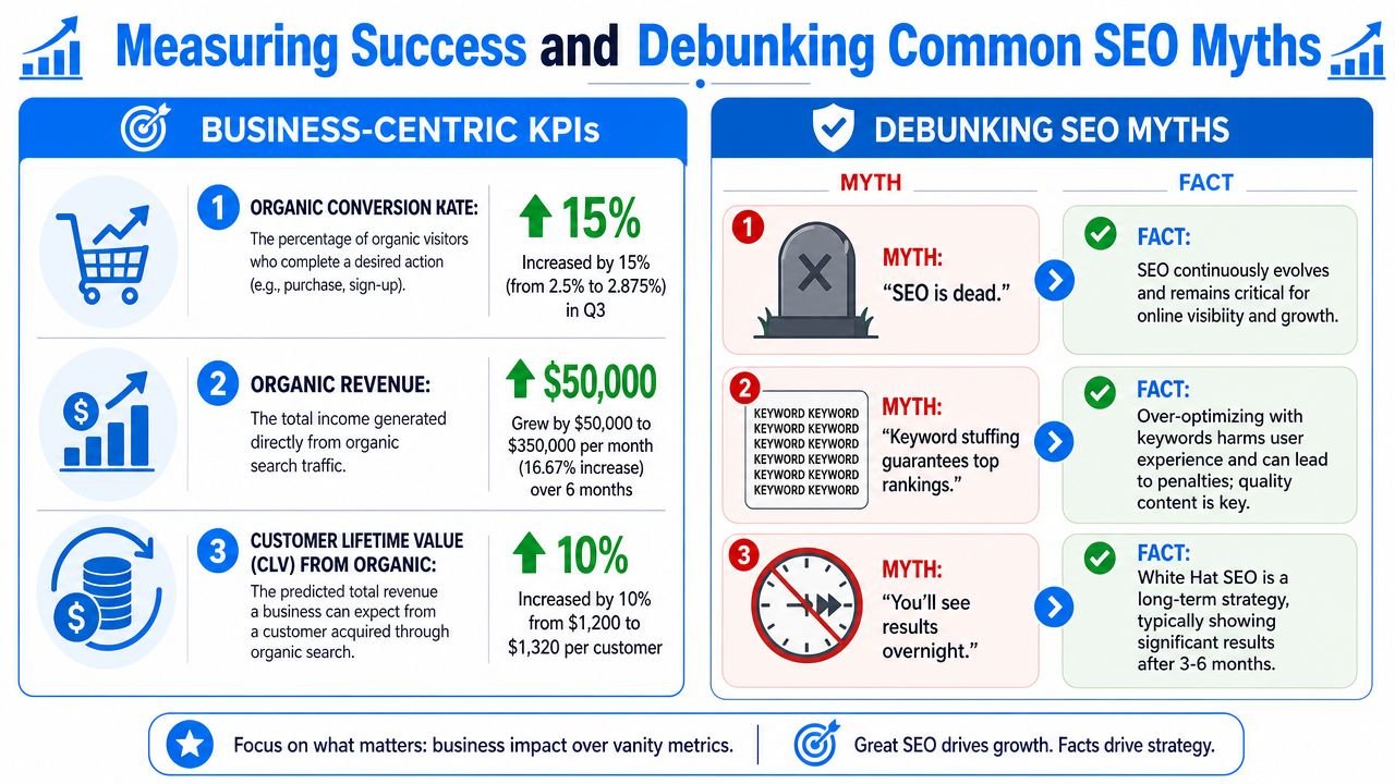 An infographic titled Measuring Success and Debunking Common SEO Myths comparing business-centric KPIs and common SEO misconceptions.
