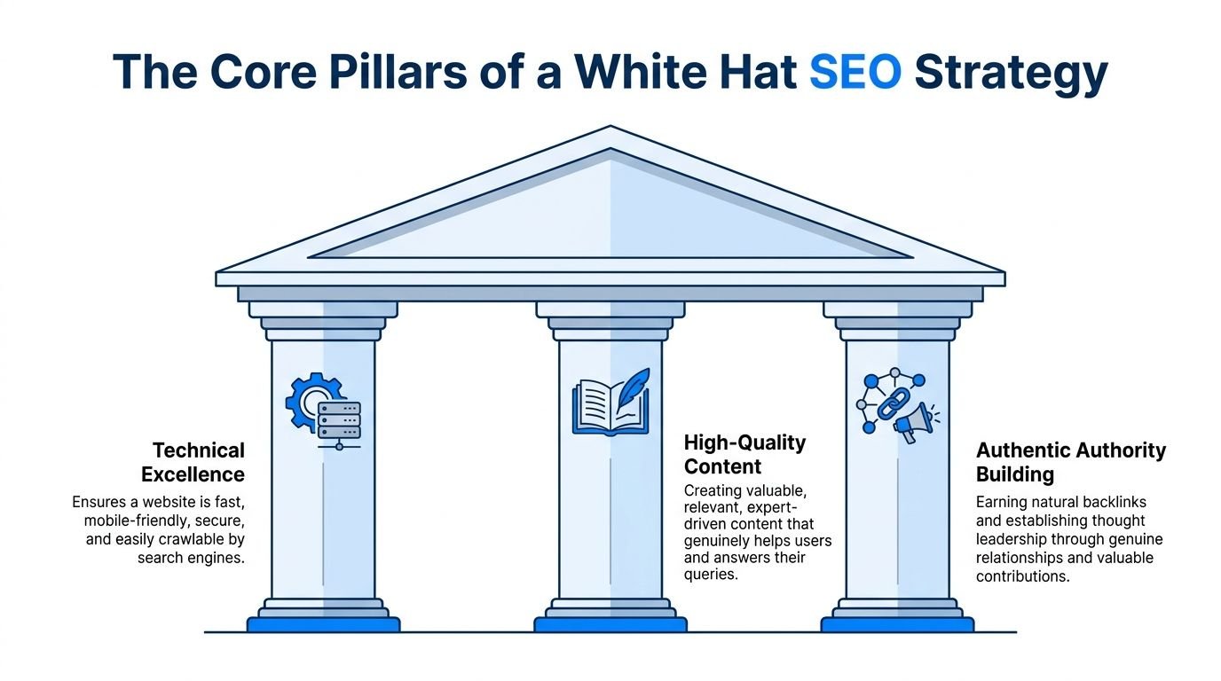 A graphic illustration representing the three core pillars of white hat SEO strategy: technical, content, and authority.